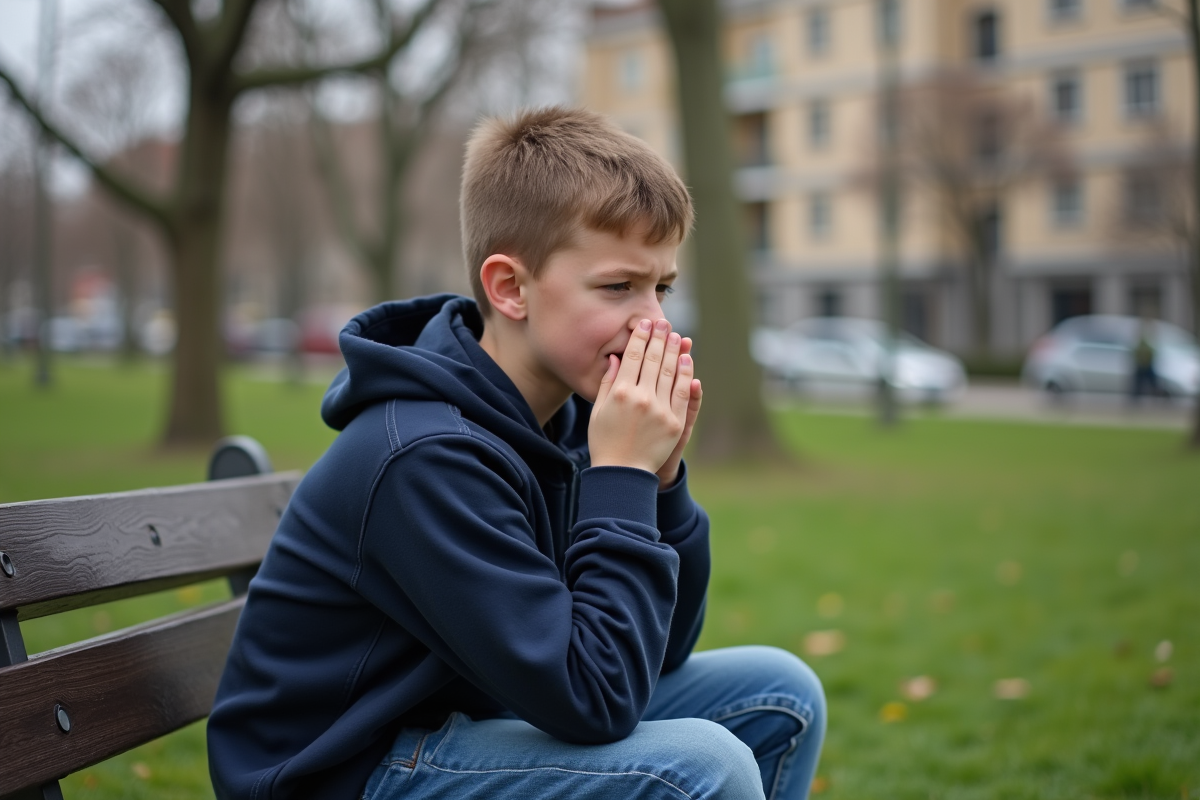Adolescent en park se tenant la bouche en toussant