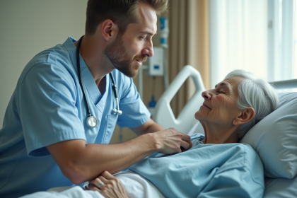 Aide soignant soutenant une patiente âgée dans un lit d'hôpital