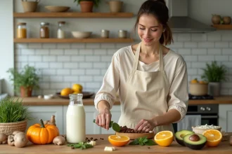Femme végane préparant une assiette d'aliments riches en vitamine D dans une cuisine moderne