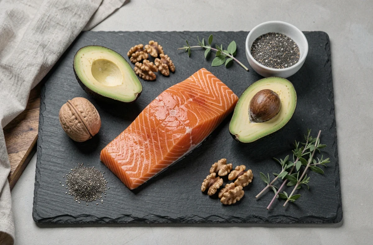 Aliments riches en oméga 3 6 et 9 disposés sur une ardoise, incluant saumon, avocat, noix et graines de lin pour la nutrition sportive