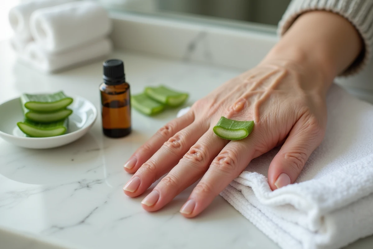 Gros plan d'une main âgée appliquant du gel d'aloe vera frais sur une verrue séborrhéique pour éviter les cicatrices