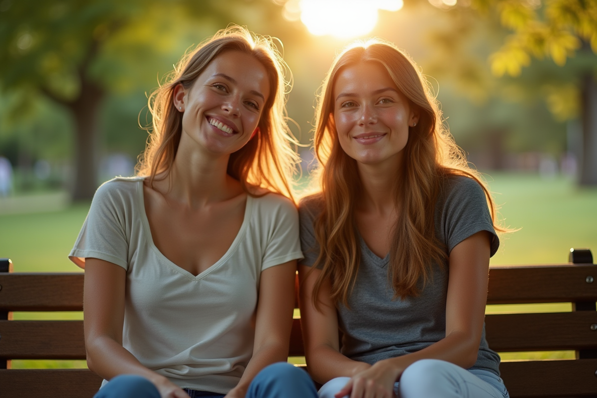 Deux amis assis sur un banc dans un parc ensoleille avec sourires