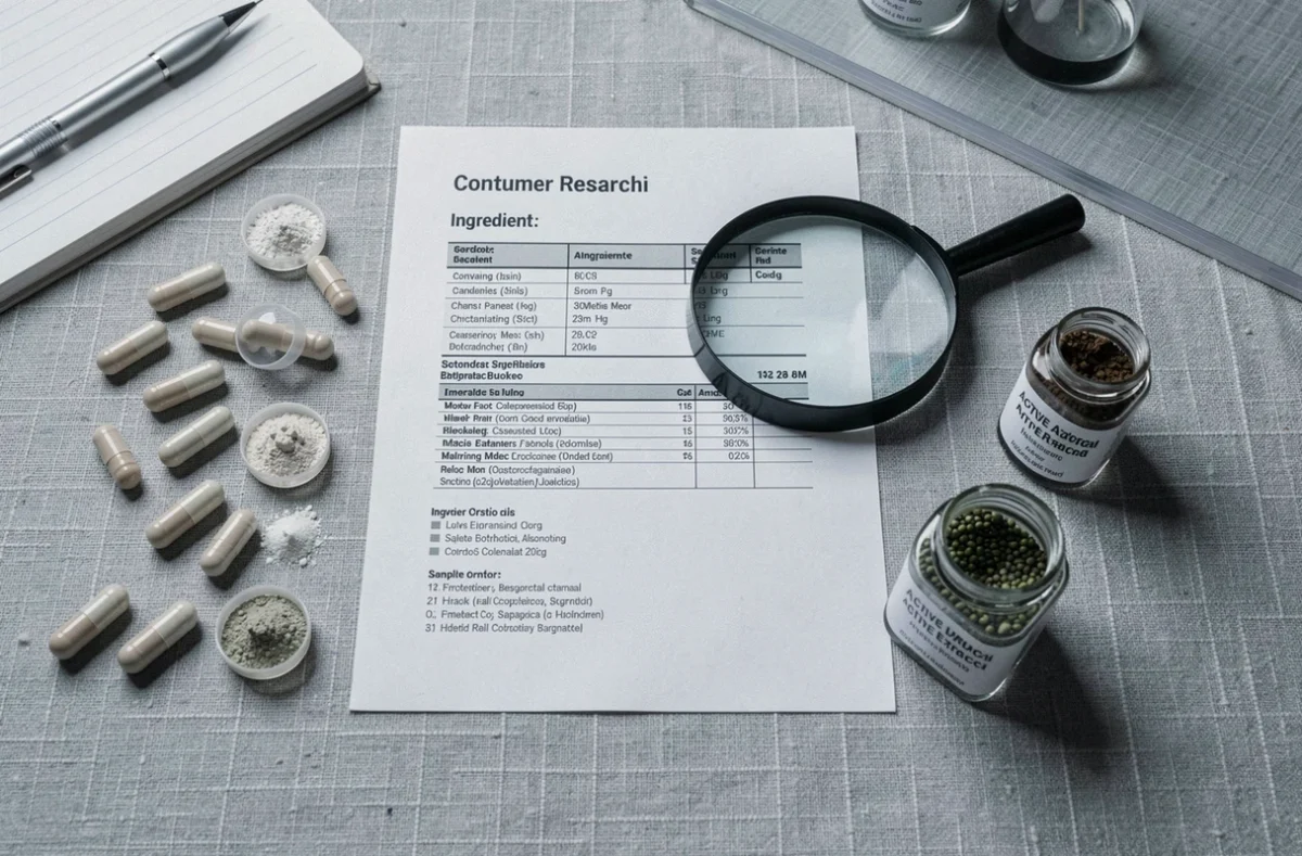 Vue de dessus d'une analyse d'ingrédients actifs de compléments alimentaires avec gélules ouvertes et documents