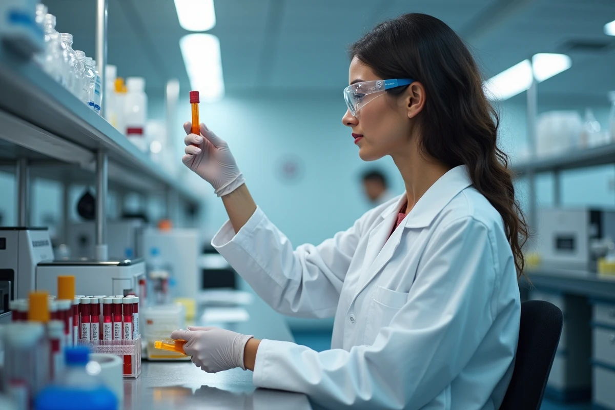Technicienne de laboratoire analysant un tube de sang pédiatrique en laboratoire médical