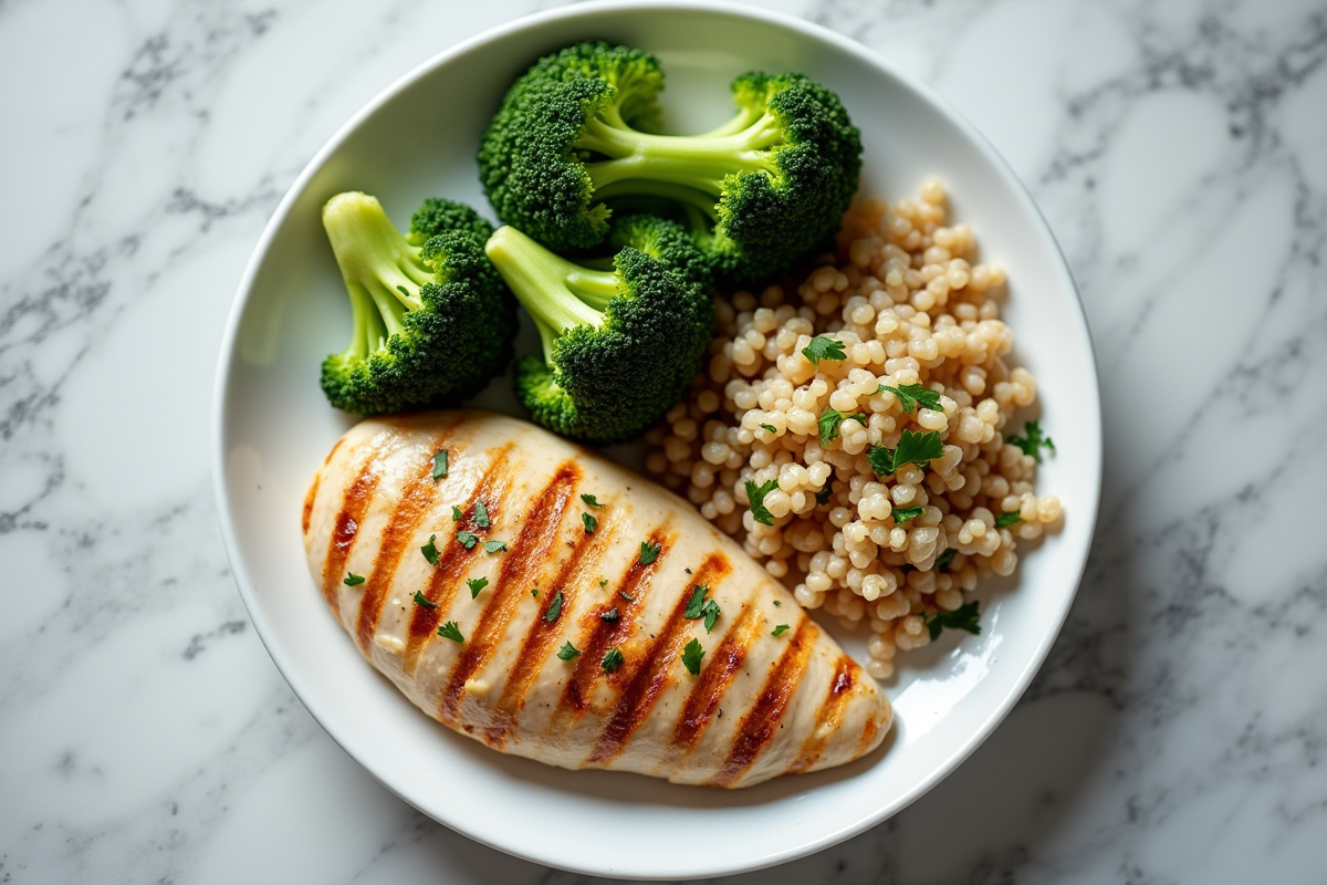 Assiette saine avec poulet brocoli et quinoa pour un repas léger