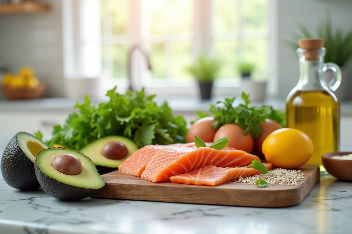 Assortiment d'aliments keto sains sur un plan de travail lumineux