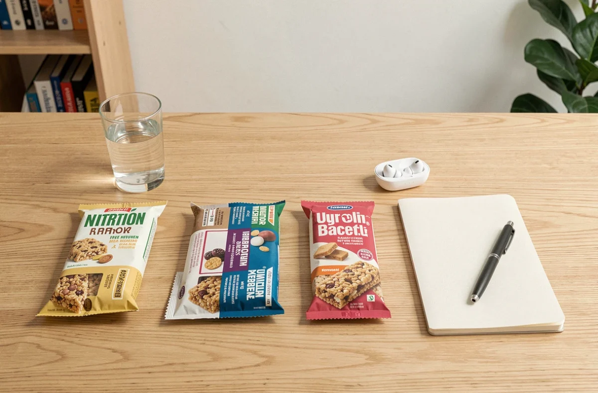 Assortiment de barres nutritionnelles posées sur un bureau en bois clair avec un carnet et des écouteurs, symbolisant le déjeuner rapide au travail