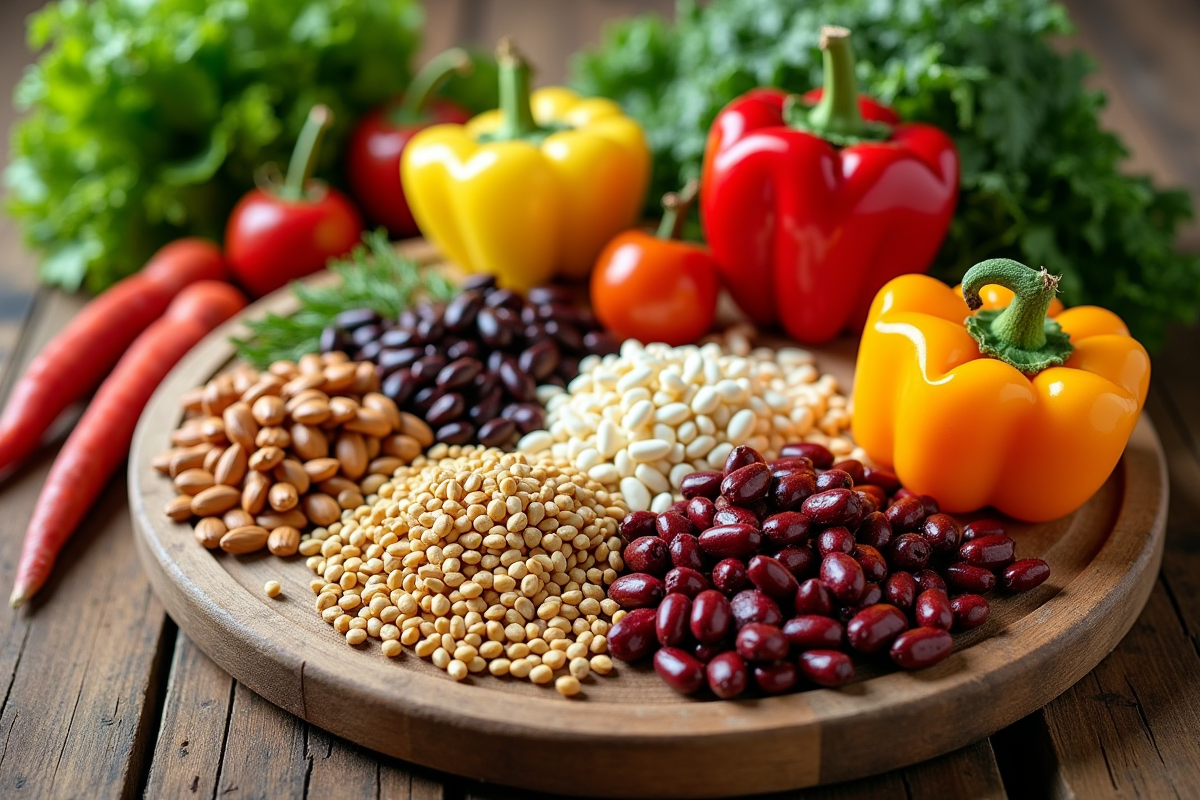 Assortiment coloré de légumes frais sur une table en bois