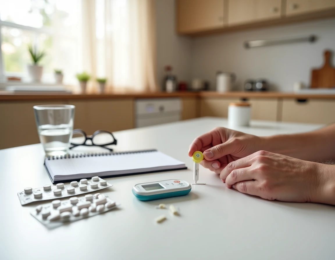 Personne âgée réalisant un test de dépistage de microalbuminurie à domicile avec un kit d'analyse urinaire