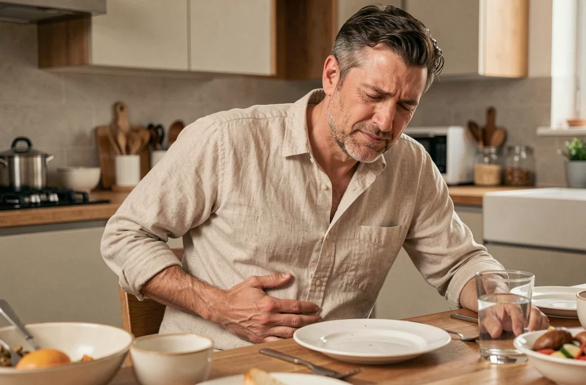 Homme souffrant de ballonnements et de gêne abdominale après un repas dans sa cuisine