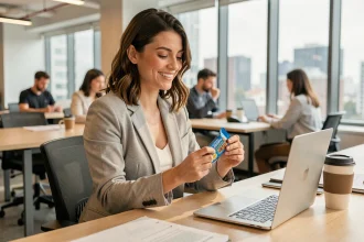Femme en blazer gris mangeant une barre nutritionnelle à son bureau dans un open space moderne pendant la pause déjeuner