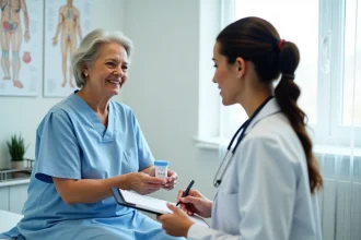 Patiente remettant un échantillon d'urine à son médecin lors d'un bilan de microalbuminurie en cabinet médical