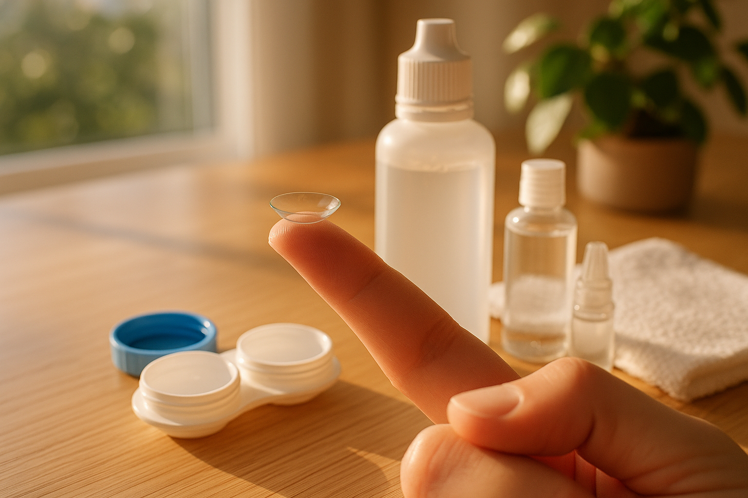 Boîte de lentilles ouverte avec une lentille sur le doigt sur un meuble lumineux