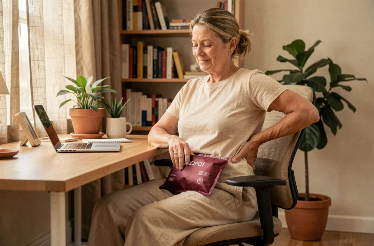 Femme appliquant une bouillotte thermique sur le sacrum en position assise pour soulager la douleur sans médicaments