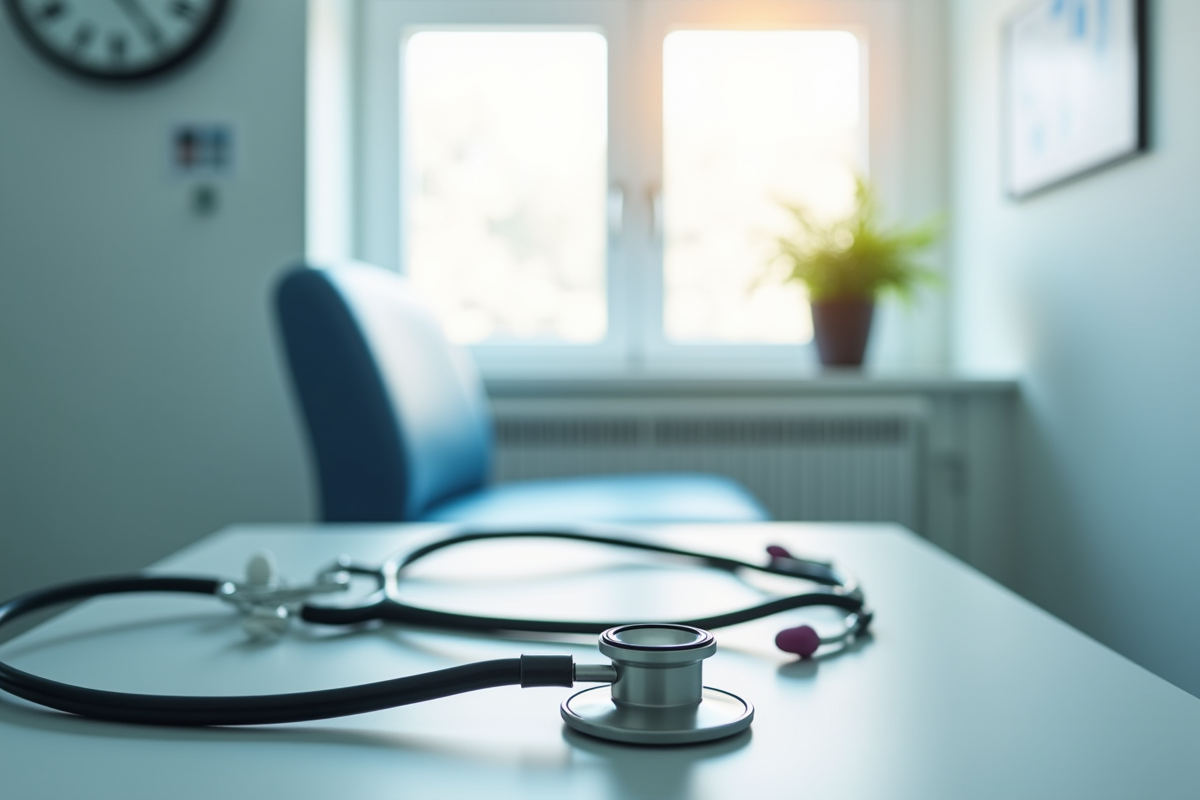 Chaise de patient vide avec stéthoscope dans un cabinet médical moderne