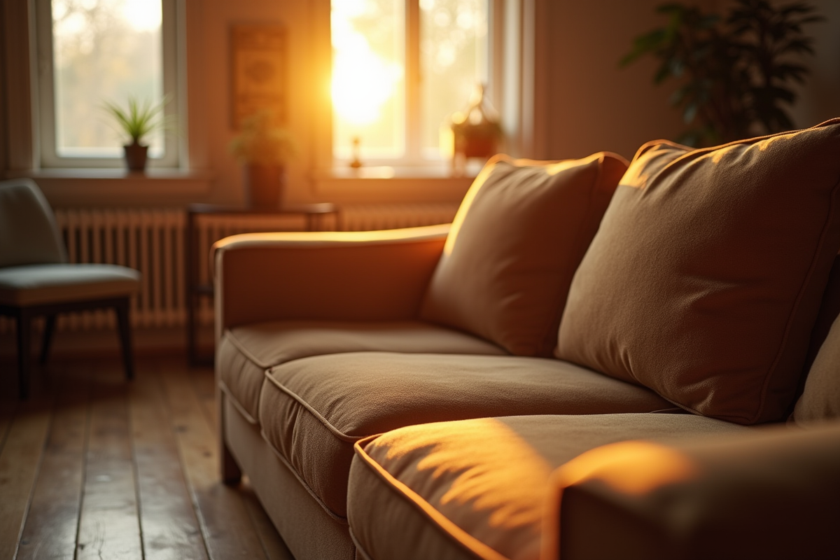 Canapé usé et texturé dans un salon cosy au coucher de soleil