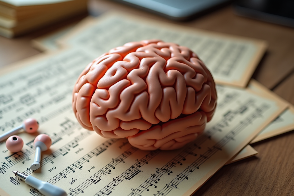 Cerveau modèle notes musicales sur table en bois