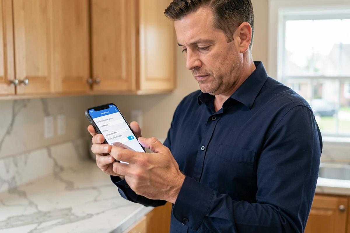 Homme modifiant son numéro de téléphone sur l'application Laboconnect depuis sa cuisine
