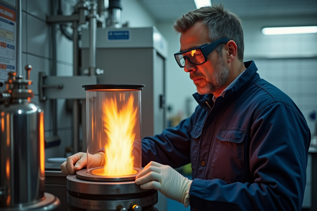 Chercheur en laboratoire observant une flamme contrôlée