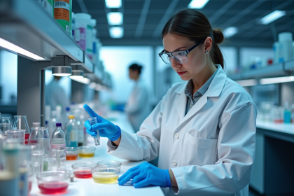Chercheur en blouse examine des boîtes de pétri colorées en laboratoire