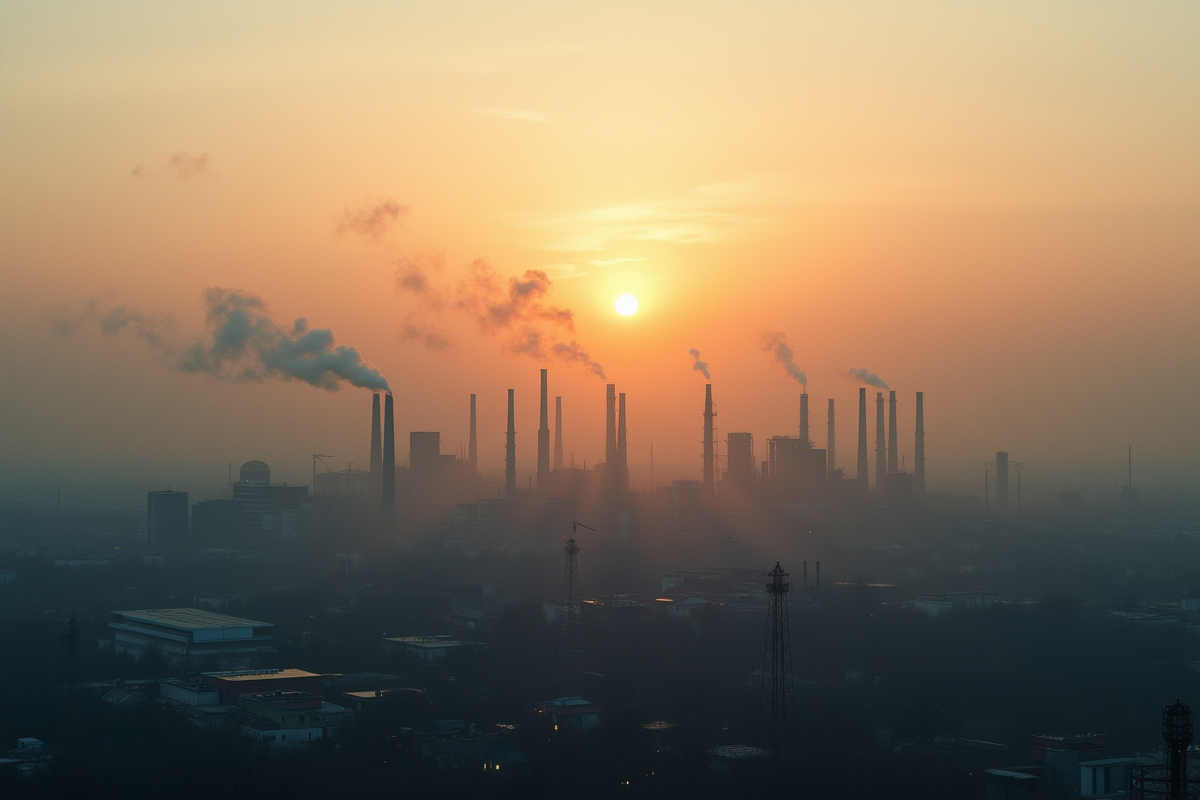 Vue d'une ville industrielle au lever du soleil avec fumées