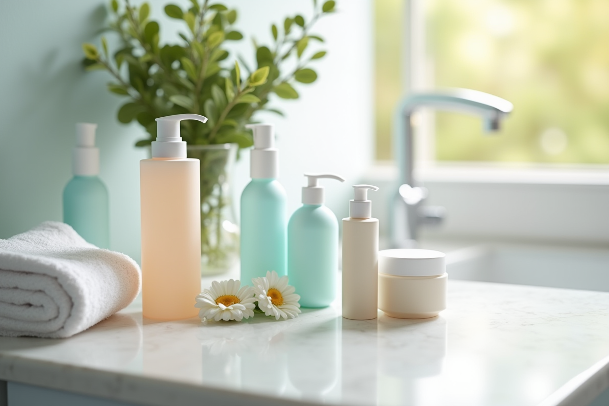 Plan de la salle de bain avec produits de soin et serviette