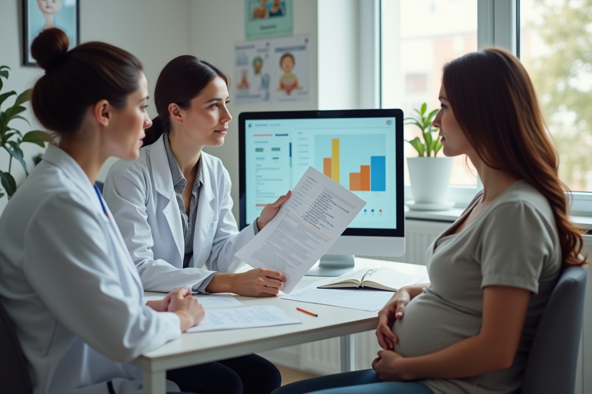 Medecin expliquant des graphiques de probabilite a une femme enceinte