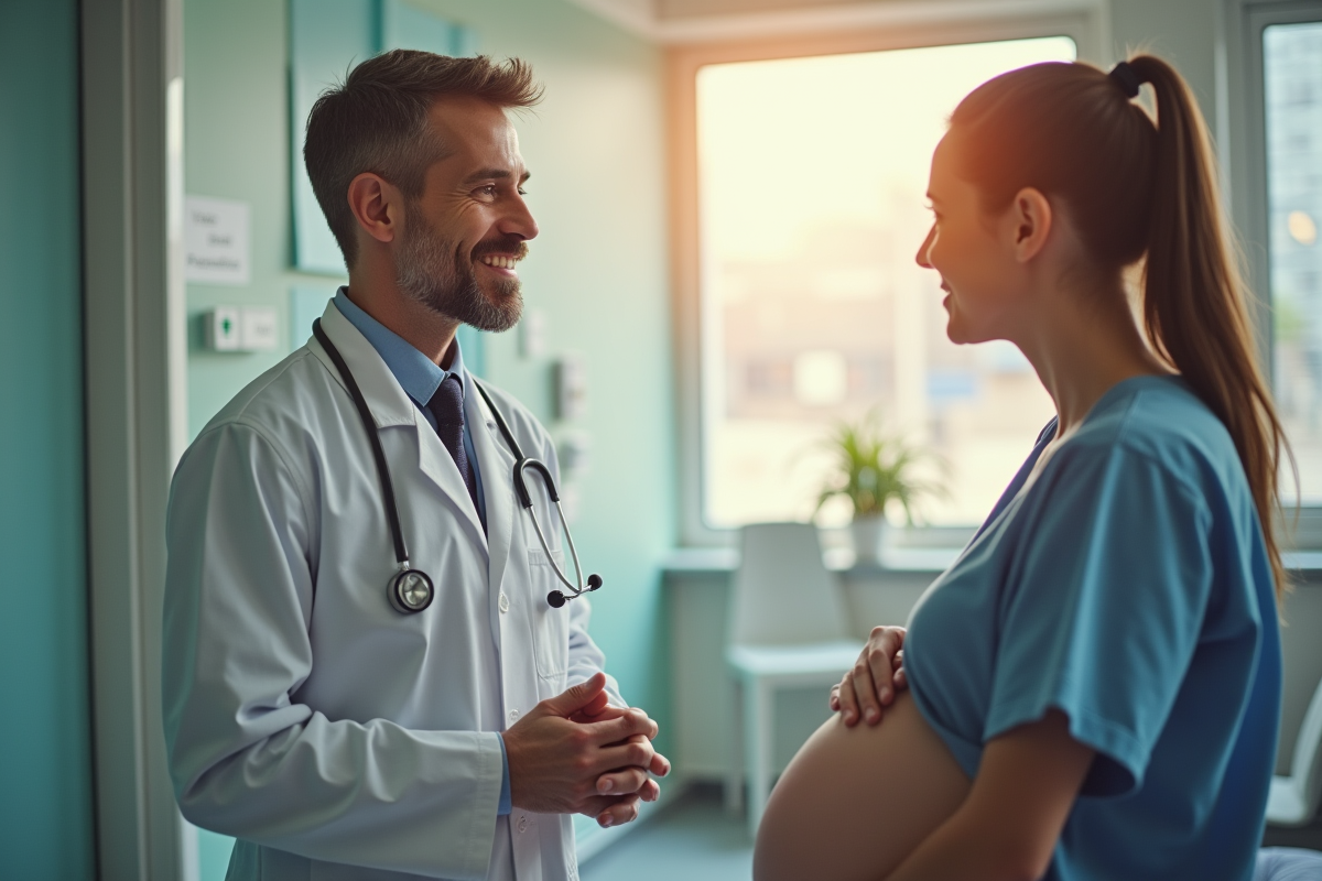 Médecin parlant avec une femme enceinte dans une maternité lumineuse