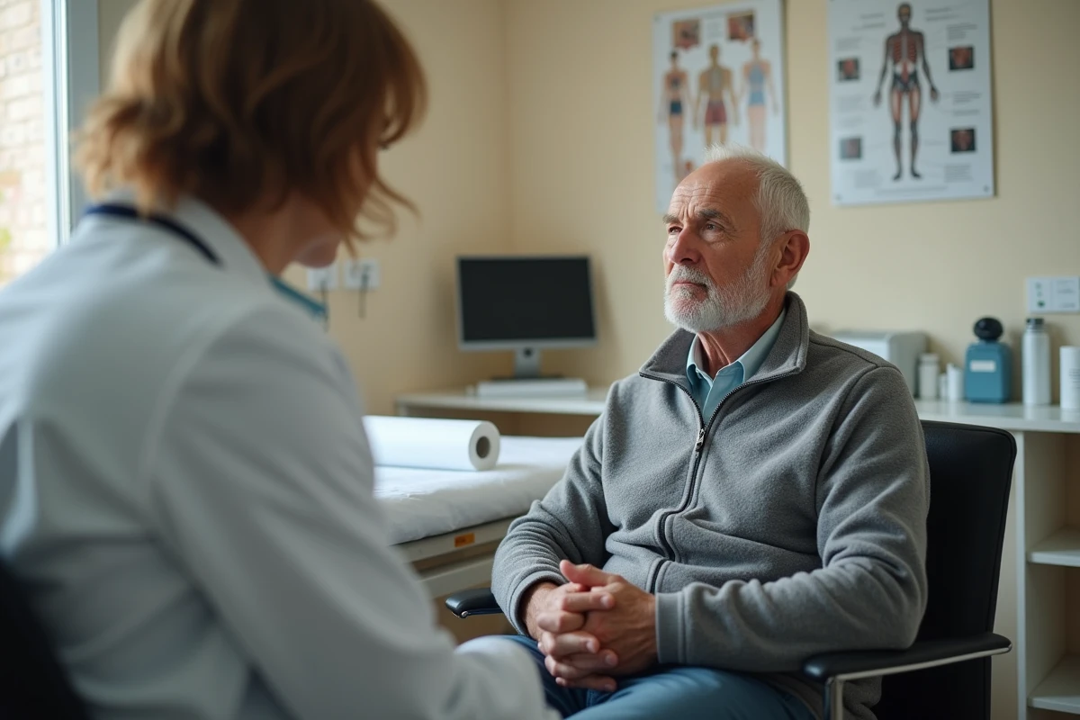 Patient âgé en consultation médicale chez un généraliste pour des vertiges et une sensation de tête lourde dans un cabinet médical réaliste