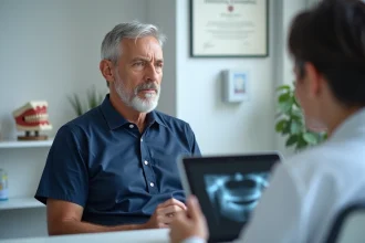 Patient homme d'âge mûr en consultation médicale discutant de symptômes de cancer de la mâchoire avec un médecin