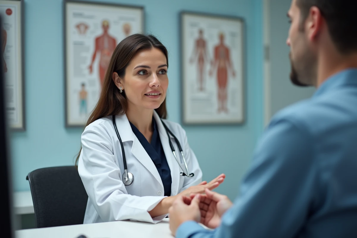 Médecin examinant la main d'un patient lors d'une consultation pour fourmillements, diagnostic neurologique en cabinet