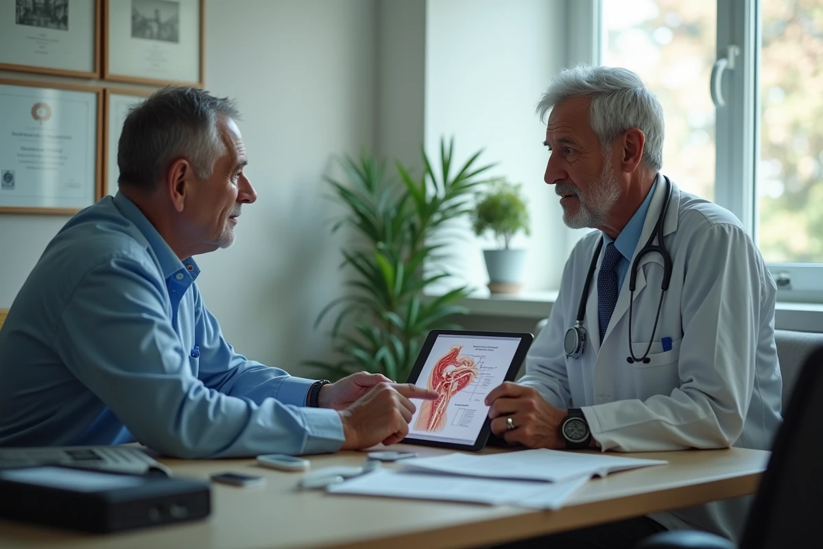 Patient et médecin oncologue discutant d'un diagnostic de cancer de l'amygdale à l'aide d'un schéma anatomique de la gorge