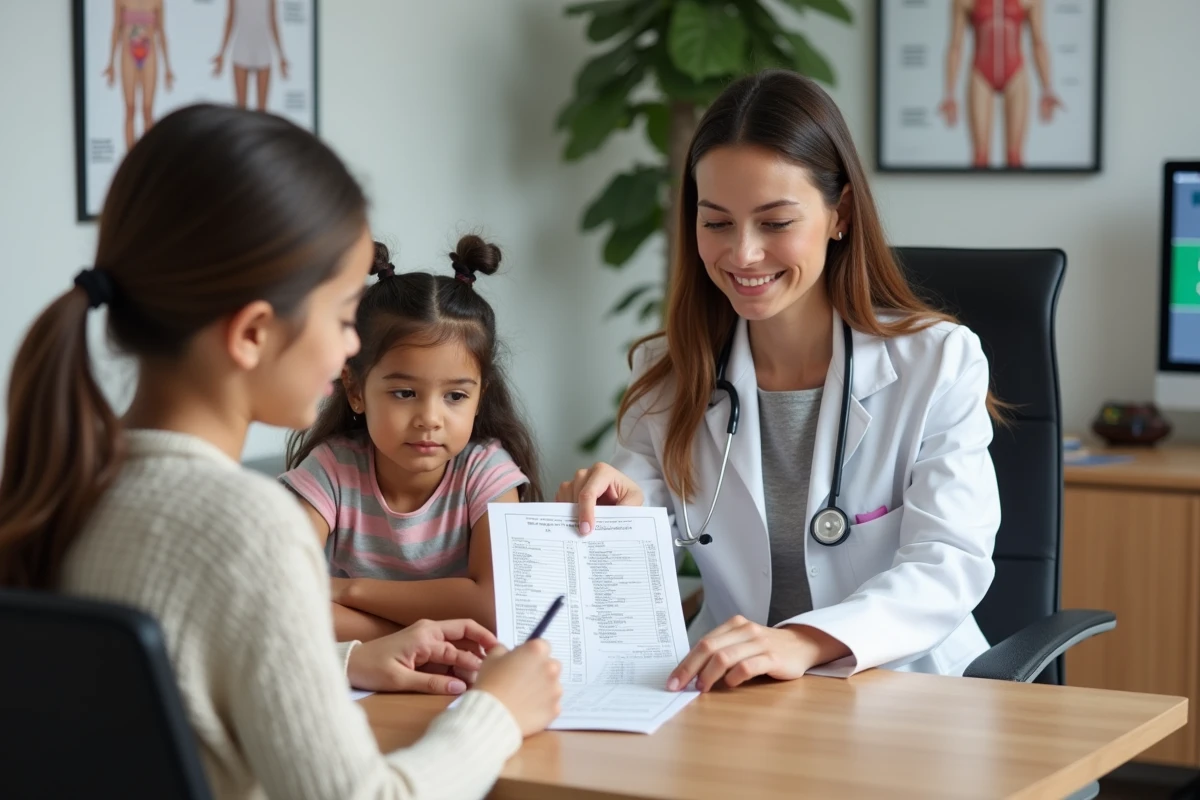 Pédiatre expliquant les résultats d'une analyse de sang à une mère et son enfant en consultation