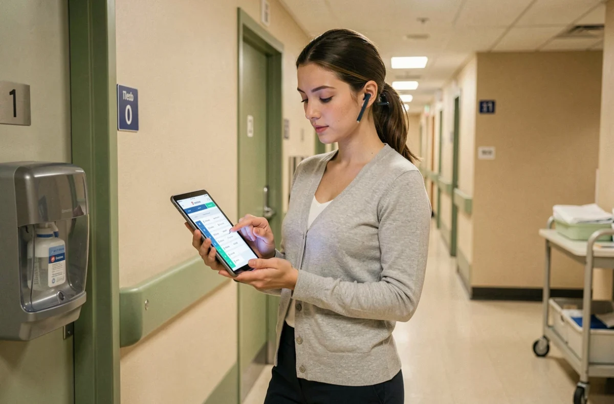 Coordinatrice de soins consultant une application de gestion des soins D.netsoins sur tablette dans un couloir d'établissement de santé