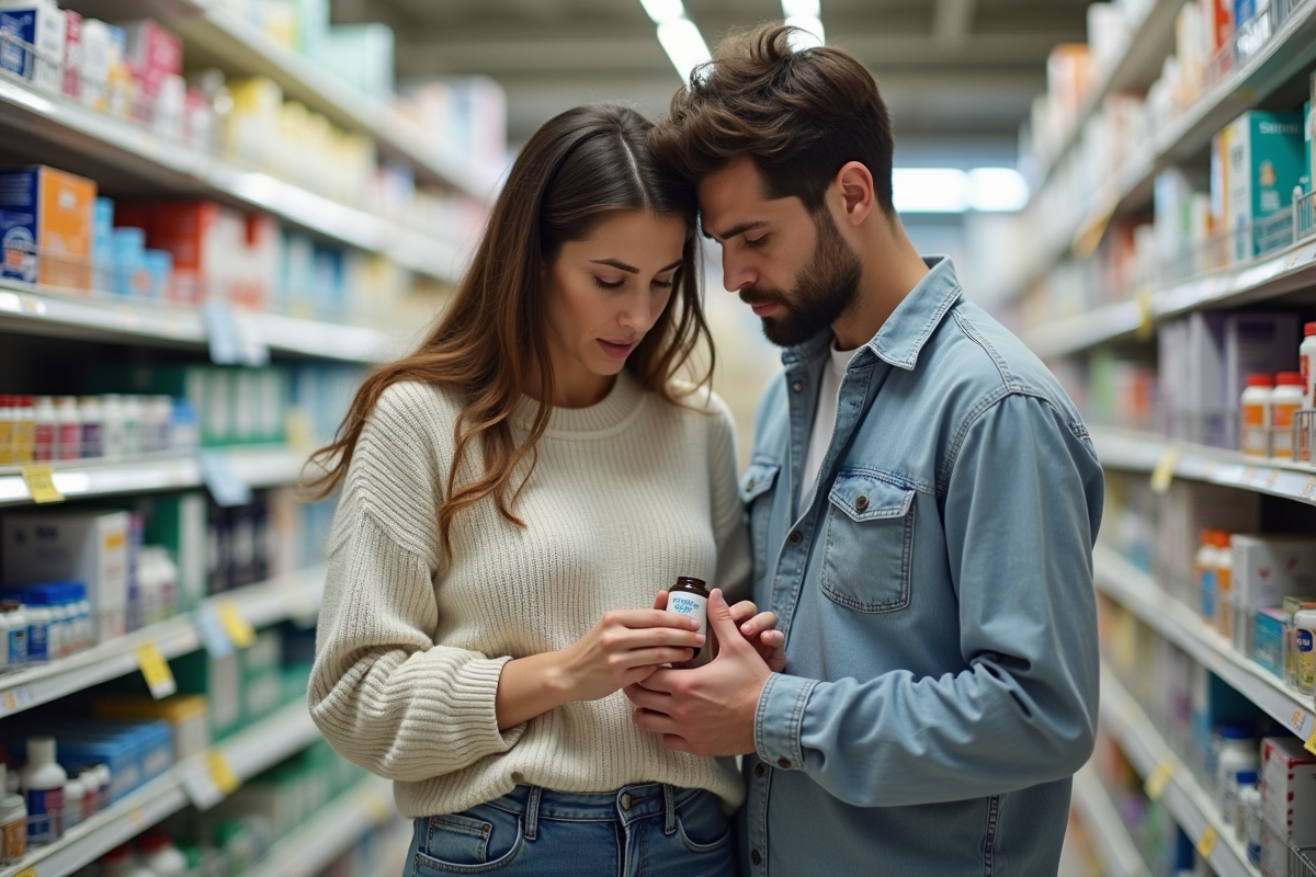 Couple regardant des produits de grossesse en pharmacie
