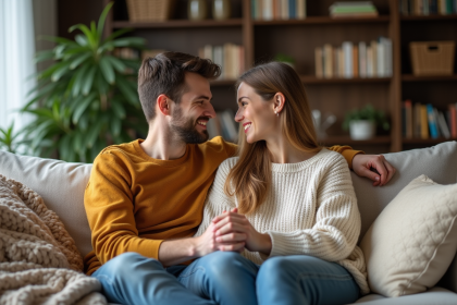 Couple souriant assis sur un canapé dans un intérieur chaleureux