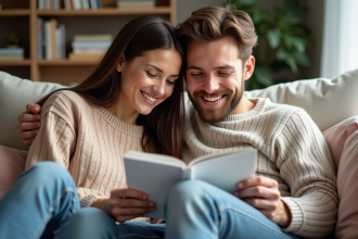 Jeune couple souriant lisant un livret sur les jumeaux