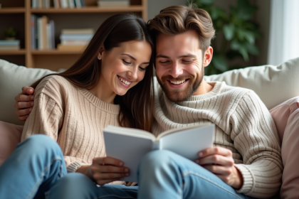 Jeune couple souriant lisant un livret sur les jumeaux