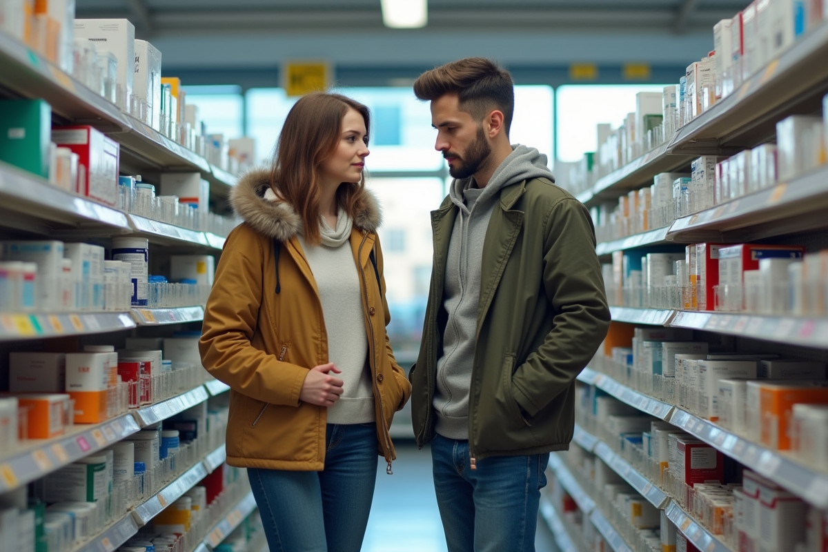 Jeune couple examinant des médicaments en pharmacie