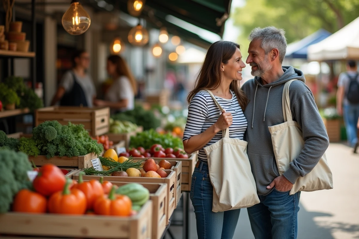 Couple faisant leurs courses au marché fermier avec des sacs en tissu réutilisables, illustrant une consommation locale et responsable au quotidien