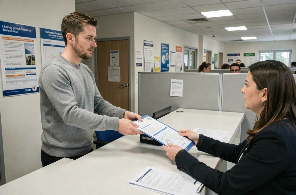 Homme remettant ses documents à un agent de la CPAM lors d'une première demande de carte Vitale au guichet