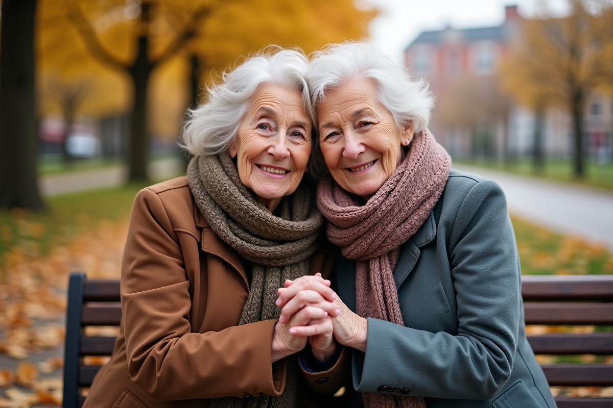 Deux femmes âgées se réchauffant sur un banc en automne