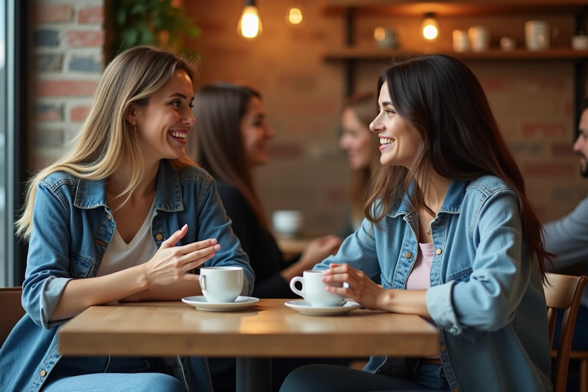 Deux femmes discutant ouvertement dans un café, illustrant le dialogue bienveillant autour de l'image corporelle et du mont de Vénus