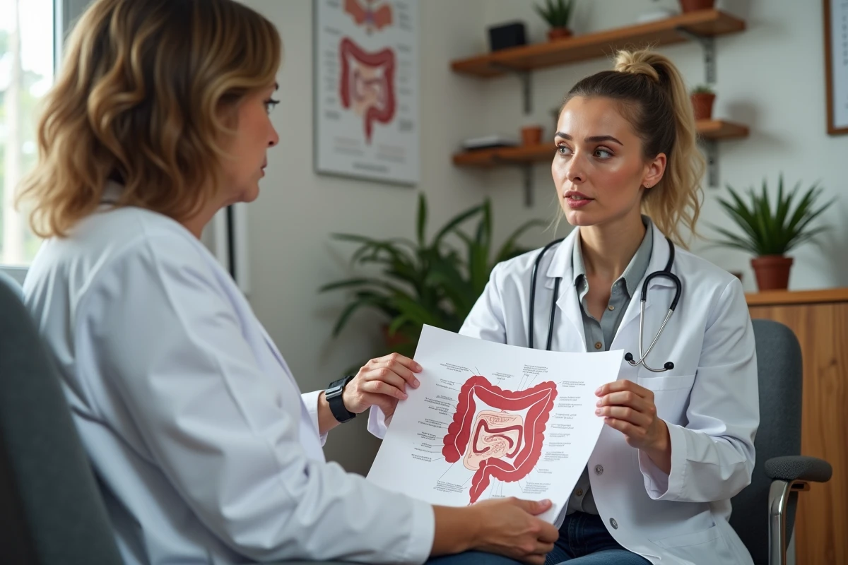 Jeune femme médecin expliquant un diagramme du colon