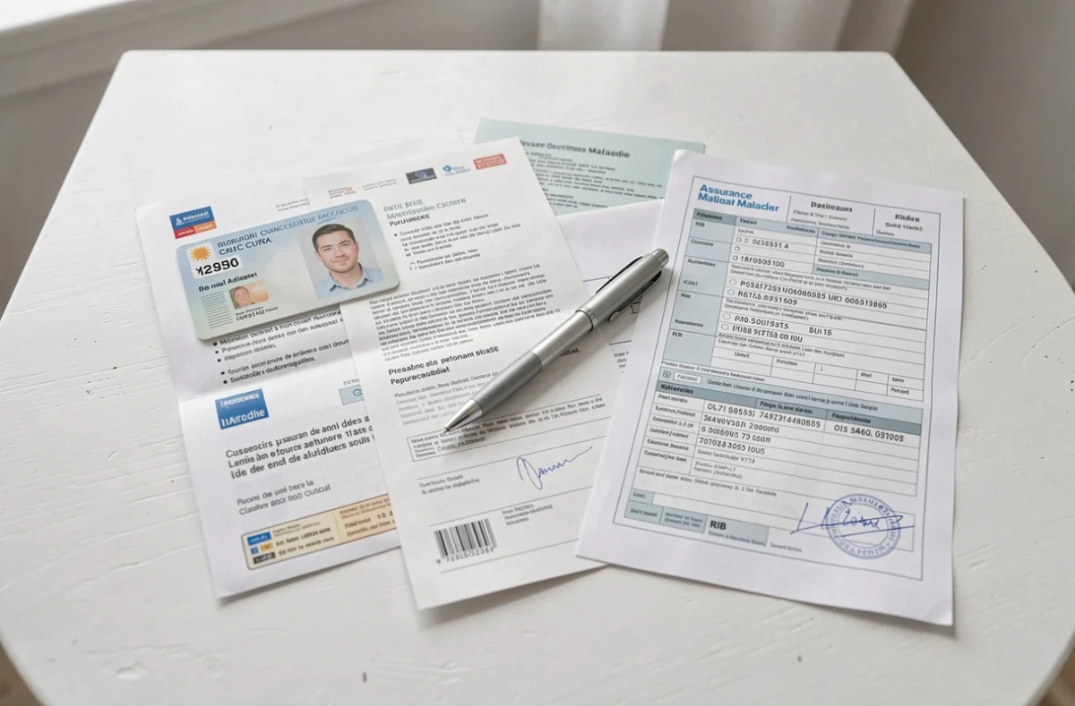 Vue de dessus des documents nécessaires pour une première demande de carte Vitale : carte d'identité, acte de naissance, justificatif de domicile et formulaire Assurance Maladie