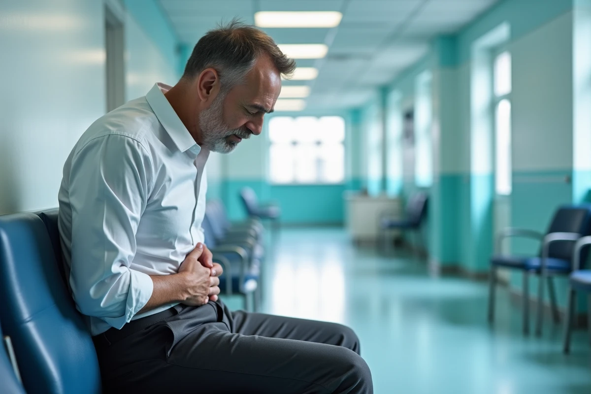 Homme souffrant d'une douleur abdominale côté droit assis dans une salle d'attente des urgences