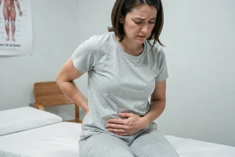 Femme tenant son côté droit douloureux en consultation médicale, illustrant une douleur sous les côtes droites