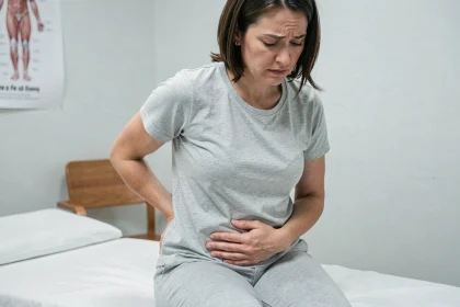Femme tenant son côté droit douloureux en consultation médicale, illustrant une douleur sous les côtes droites