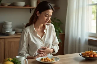 Femme tenant son côté droit du ventre après un repas, assise à une table de cuisine en bois