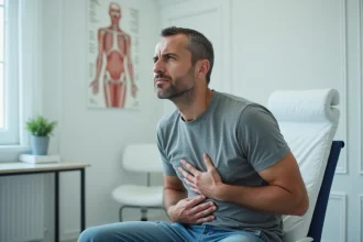 Homme tenant son côté douloureux au niveau des côtes flottantes lors d'une consultation médicale
